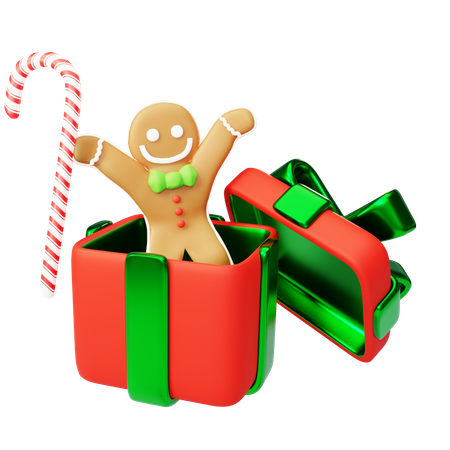 Gingerbread jump out of gift box 3D Illustration