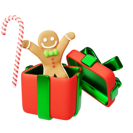 Gingerbread jump out of gift box  3D Illustration