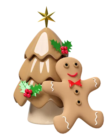 Gingerbread Man With Chocolate Christmas Tree Merry Christmas And Happy New Year 3 D Render Illustration 3D Illustration