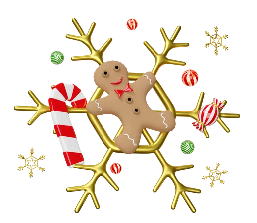Gingerbread Man With Candy Cane Snowflake Decorative Ball Merry Christmas And Happy New Year 3 D Render Illustration 3D Illustration
