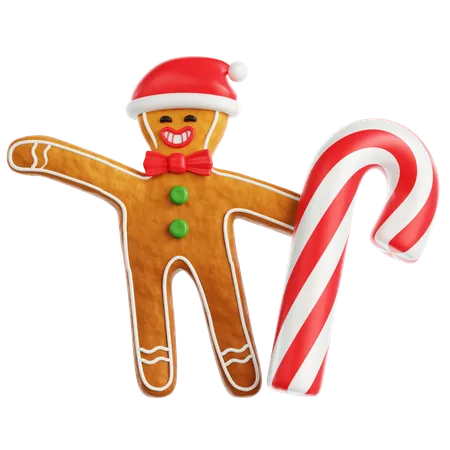 Gingerbread Man Dancing with Candy Cane  3D Icon