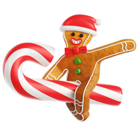 Gingerbread Man Flying with Candy Cane  3D Icon