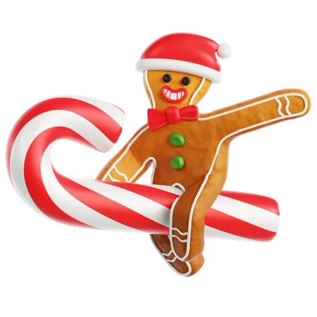 Gingerbread Man Flying with Candy Cane  3D Icon