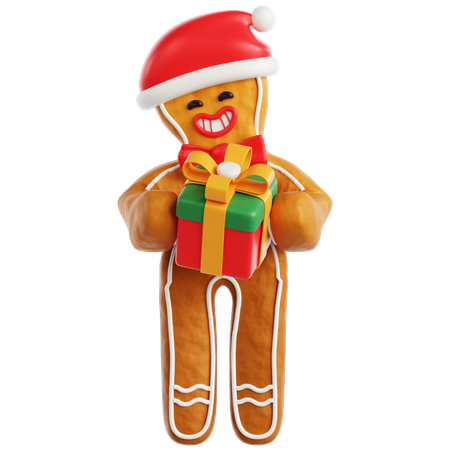 Gingerbread Man Holding Gift Box  3D Icon