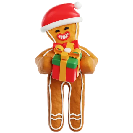 Gingerbread Man Holding Gift Box  3D Icon