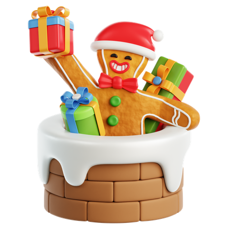 Gingerbread Man on Chimney with Gift Boxes  3D Icon
