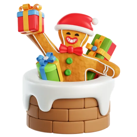 Gingerbread Man on Chimney with Gift Boxes  3D Icon