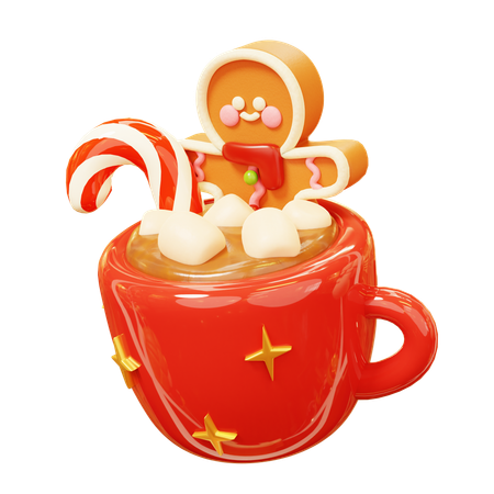 Gingerbread Man Taking a Warm Hot Chocolate Bath with Sweet Marshmallows and Candy Cane  3D Icon