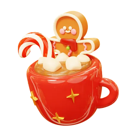 Cute Cartoon 3 D A Little Gingerbread Man Smiling Type Of Cookie Or Biscuit Made With Ginger Taking A Warm Hot Chocolate Cup Bath With Sweet Marshmallows And Candy Cane Happy New Year Decoration Merry Christmas Holiday New Year And Xmas Celebration 3D Icon
