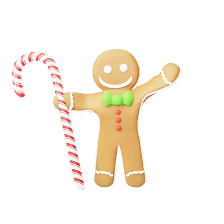 Gingerbread with candy cane  3D Illustration