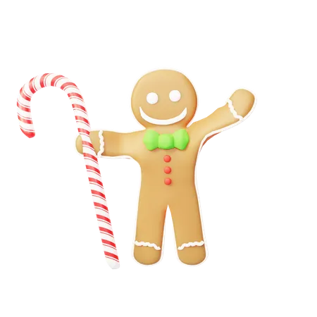 Gingerbread with candy cane 3D Illustration