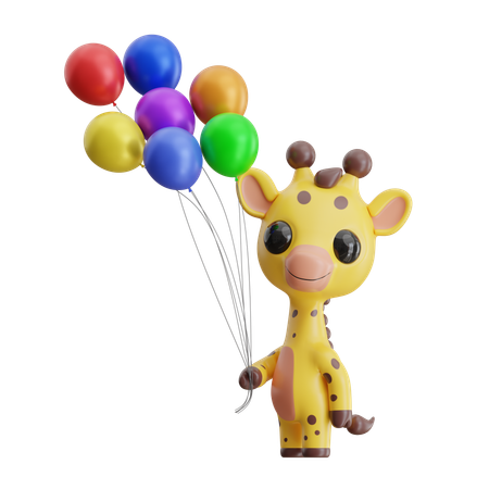 Giraffe Holding Colorful Balloons  3D Icon