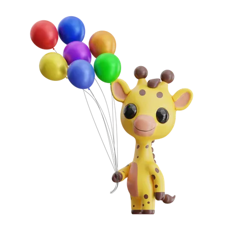 Giraffe Holding Colorful Balloons  3D Icon