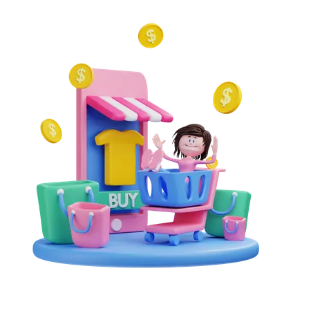 Girl adding product to cart 3D Illustration