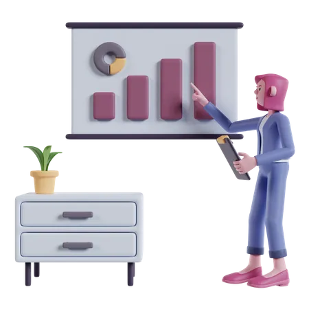 Young Girl Analyze Marketing On A Whiteboard With A Business Growth Chart While Holding The Clipboard With Left Hand 3D Illustration