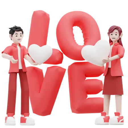 Girl And Boy Holding Heart Shape Balloon  3D Illustration