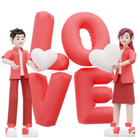 Girl And Boy Holding Heart Shape Balloon  3D Illustration