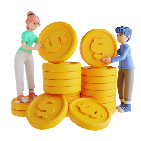 Girl and boy saving money 3D Illustration