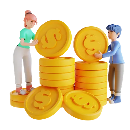 3 D Illustration Character Woman And Man Pile Of Dollar Coins 3D Illustration