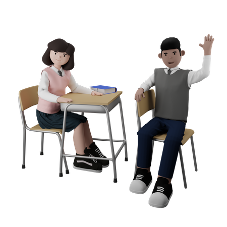 Girl and boy sitting in class  3D Illustration