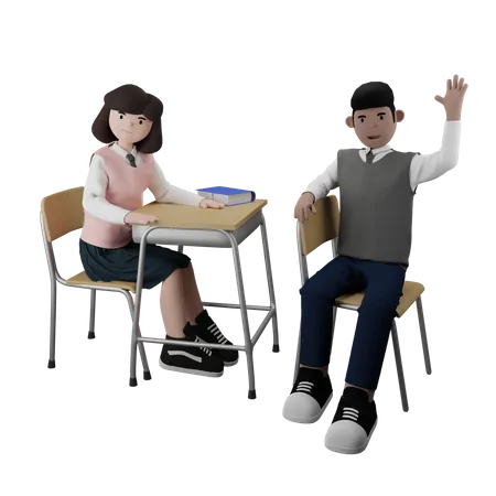 Girl and boy sitting in class  3D Illustration