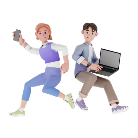 Girl and boy working together  3D Illustration