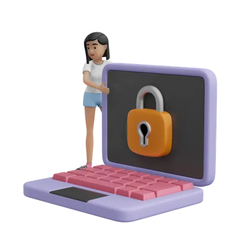 Girl and locked laptop  3D Illustration