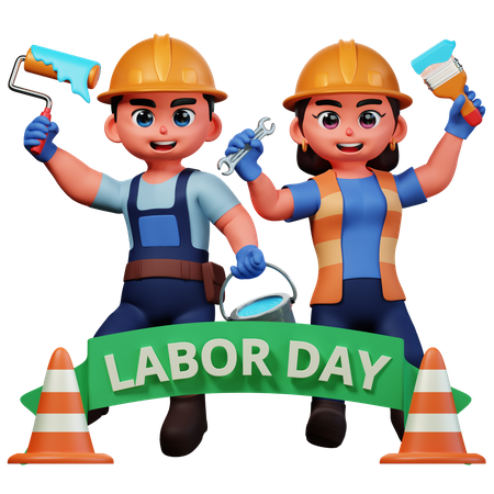 Girl and man holding paint brush  3D Icon