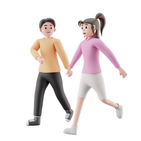 Girl And Man Running Together  3D Illustration