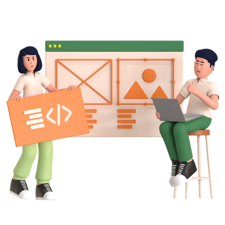 Girl And Man Working On Web Development  3D Illustration