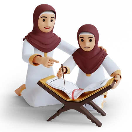 Girl and mom reading the Quran  3D Illustration