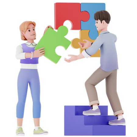 Girl And Woman Solving Jigsaw Puzzle  3D Illustration