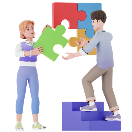 Girl And Woman Solving Jigsaw Puzzle  3D Illustration