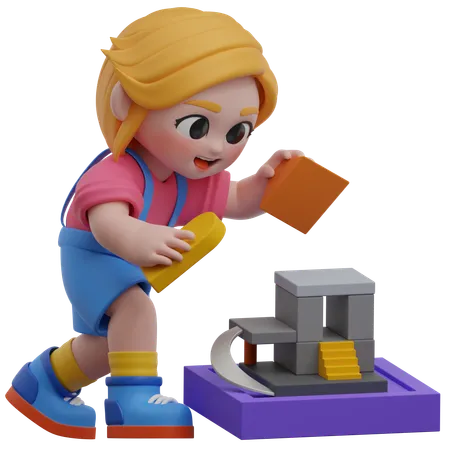 Girl Arranging Blocks  3D Illustration