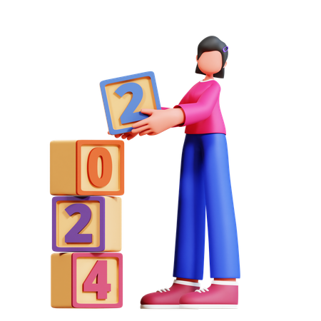 Girl Arranging New Year Blocks  3D Illustration