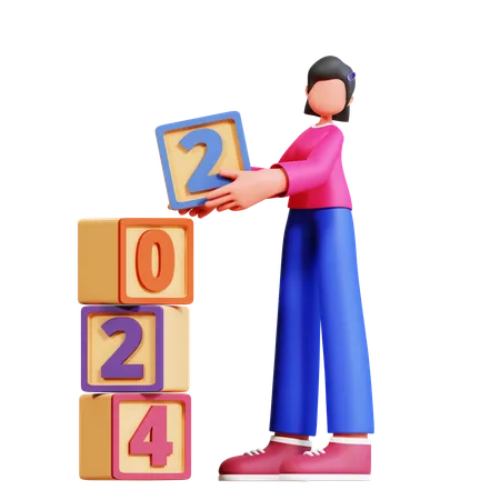 Girl Arranging New Year Blocks  3D Illustration