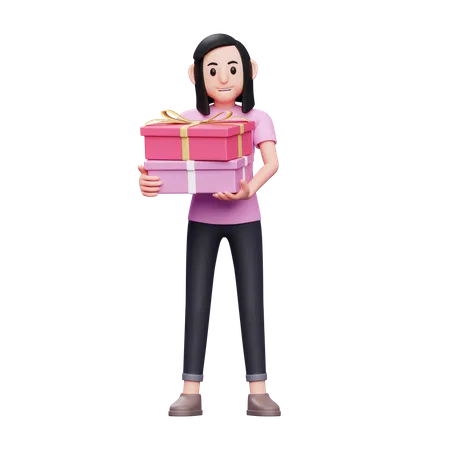 Girl bought two gifts 3D Illustration