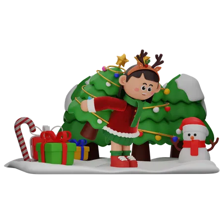 Girl Bring Christmas Tree  3D Illustration