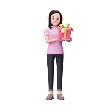Girl Brings Valentine Gift And Offers It 3 D Character Illustration Valentines Day Celebration 3D Illustration