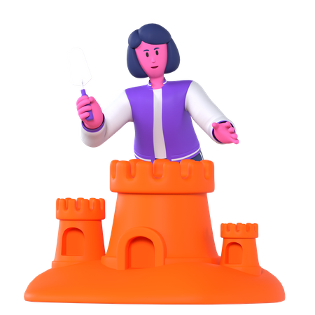 Girl building sand castle  3D Illustration