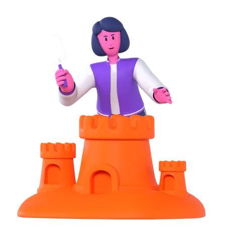 Girl building sand castle  3D Illustration