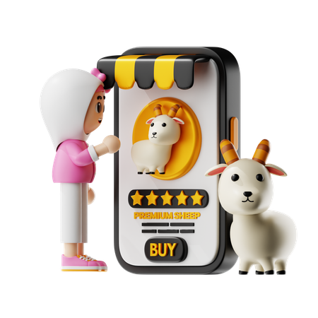 Girl Buys Online Sheep  3D Illustration