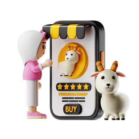 少女がオンラインで羊を購入  3D Illustration
