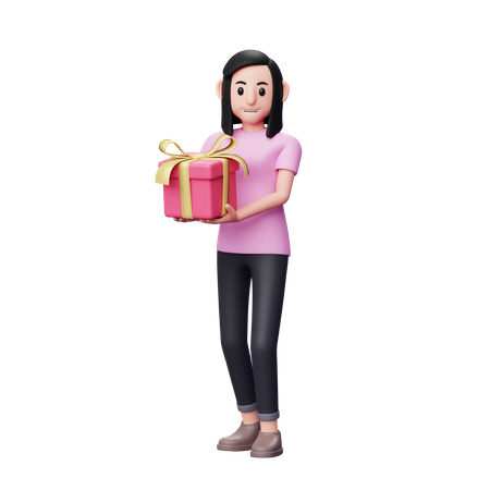 Girl carrying a pink gift while walking to celebrate valentine's day 3D Illustration