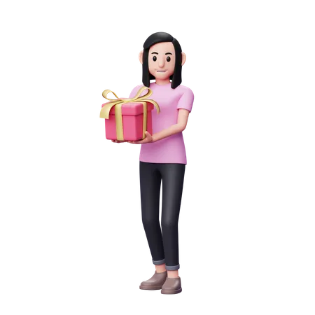 Girl carrying a pink gift while walking to celebrate valentine's day  3D Illustration