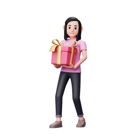 Girl carrying big valentine gift with both hands 3D Illustration