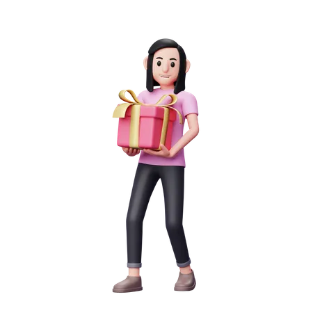 Girl Carrying Big Valentine Gift With Both Hands 3 D Character Illustration Valentines Day Celebration 3D Illustration