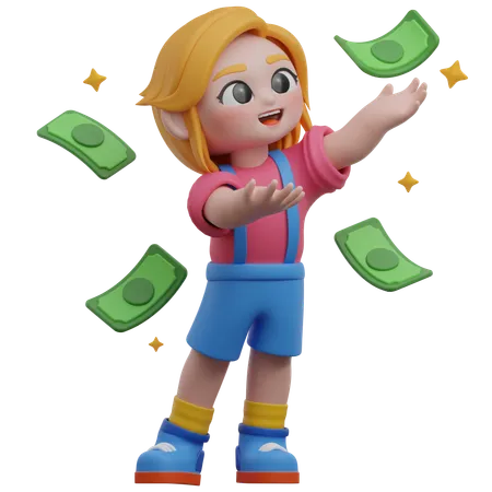 Girl Catching Money  3D Illustration