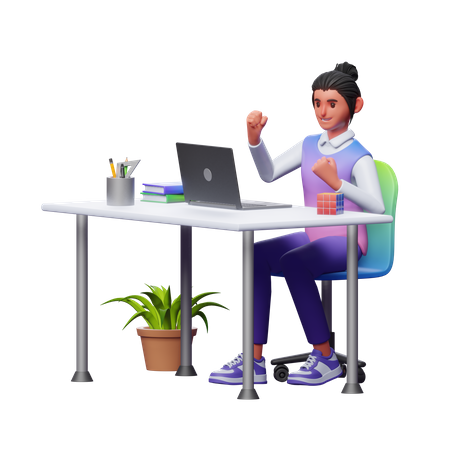 Girl Celebrating Work Success 3D Illustration