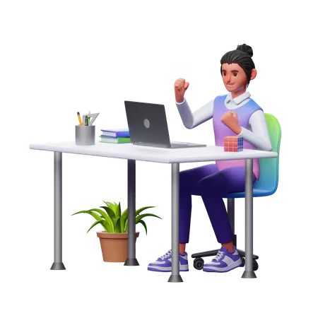 Girl Celebrating Work Success 3D Illustration
